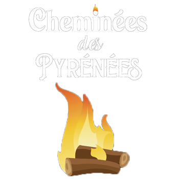 Logo Cheminées des Pyrénées Séméac avec lettres stylisées, flamme et bûches enflammées ambiance chaleureuse,